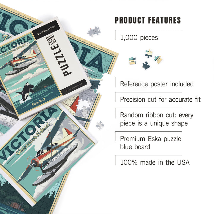 Victoria, Vancouver Island, Painterly, Float Plane and Orca, Jigsaw Puzzle Puzzle Lantern Press 