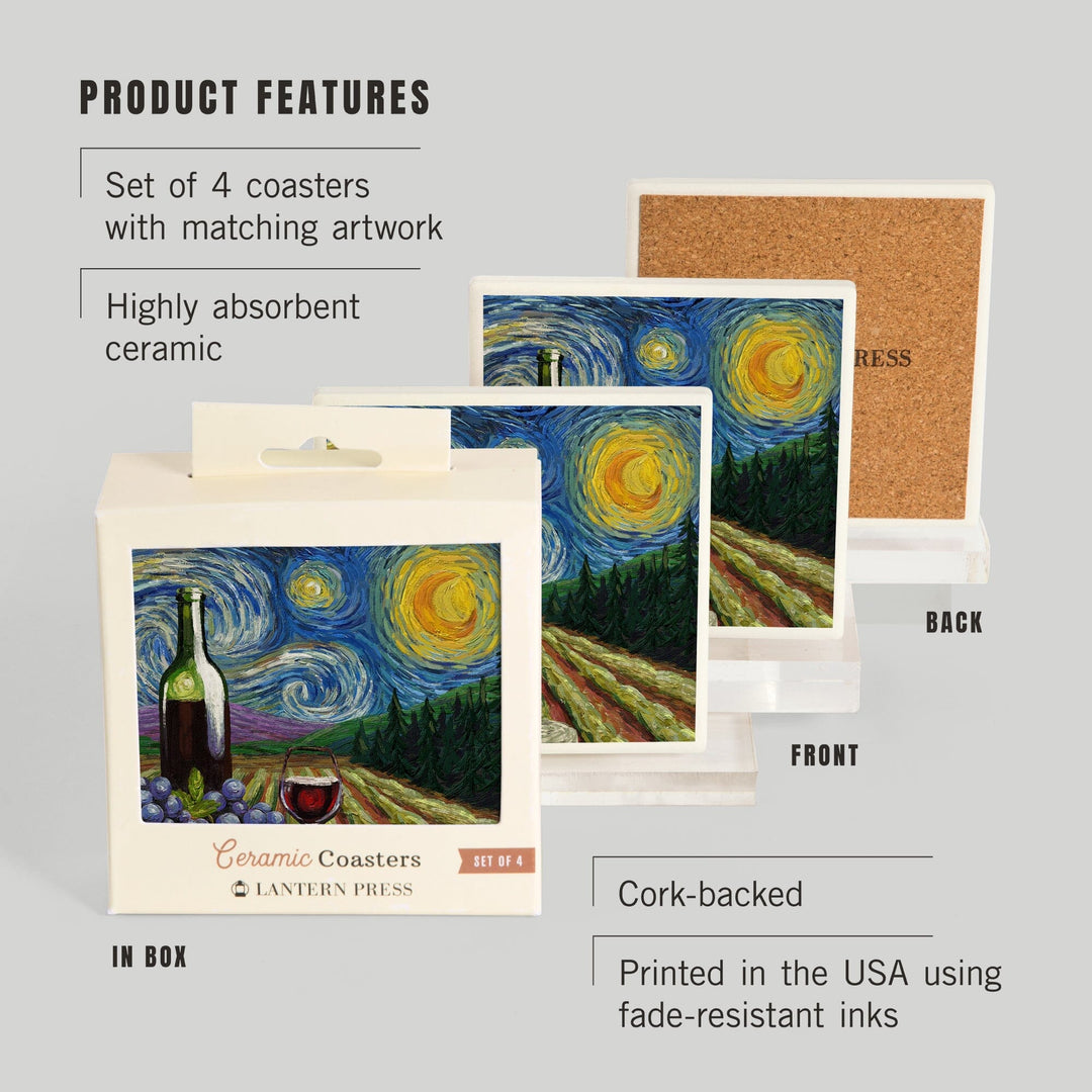 Vineyard, Starry Night, Lantern Press Artwork, Coaster Set Coasters Lantern Press 