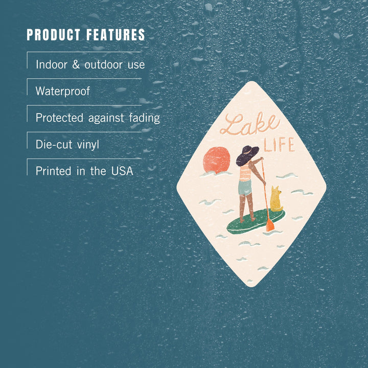 Vintage Summer Series, Lake Life Paddle Board, Contour, Vinyl Sticker Sticker Lantern Press 