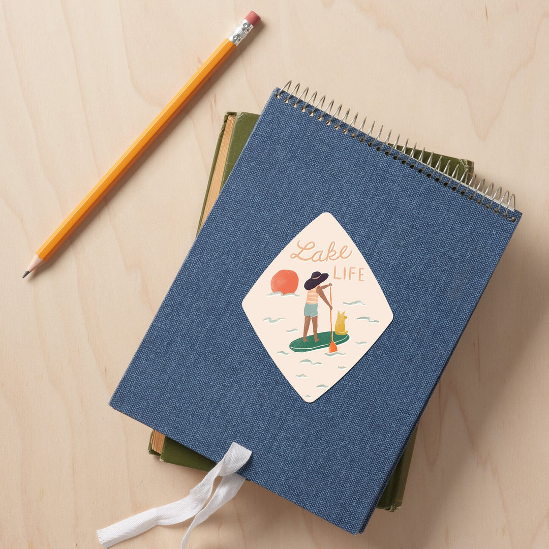 Vintage Summer Series, Lake Life Paddle Board, Contour, Vinyl Sticker Sticker Lantern Press 