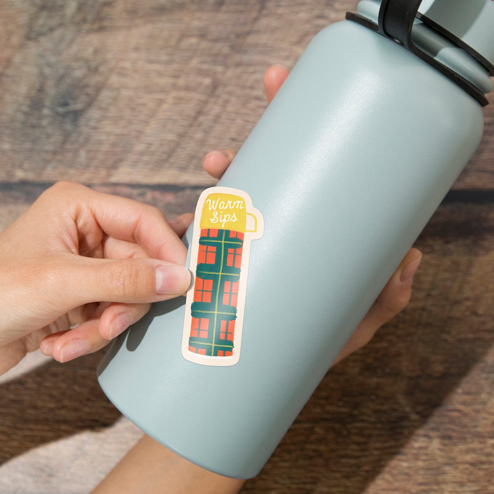 Vintage Summer Series, Warm Sips Thermos, Contour, Vinyl Sticker Sticker Lantern Press 