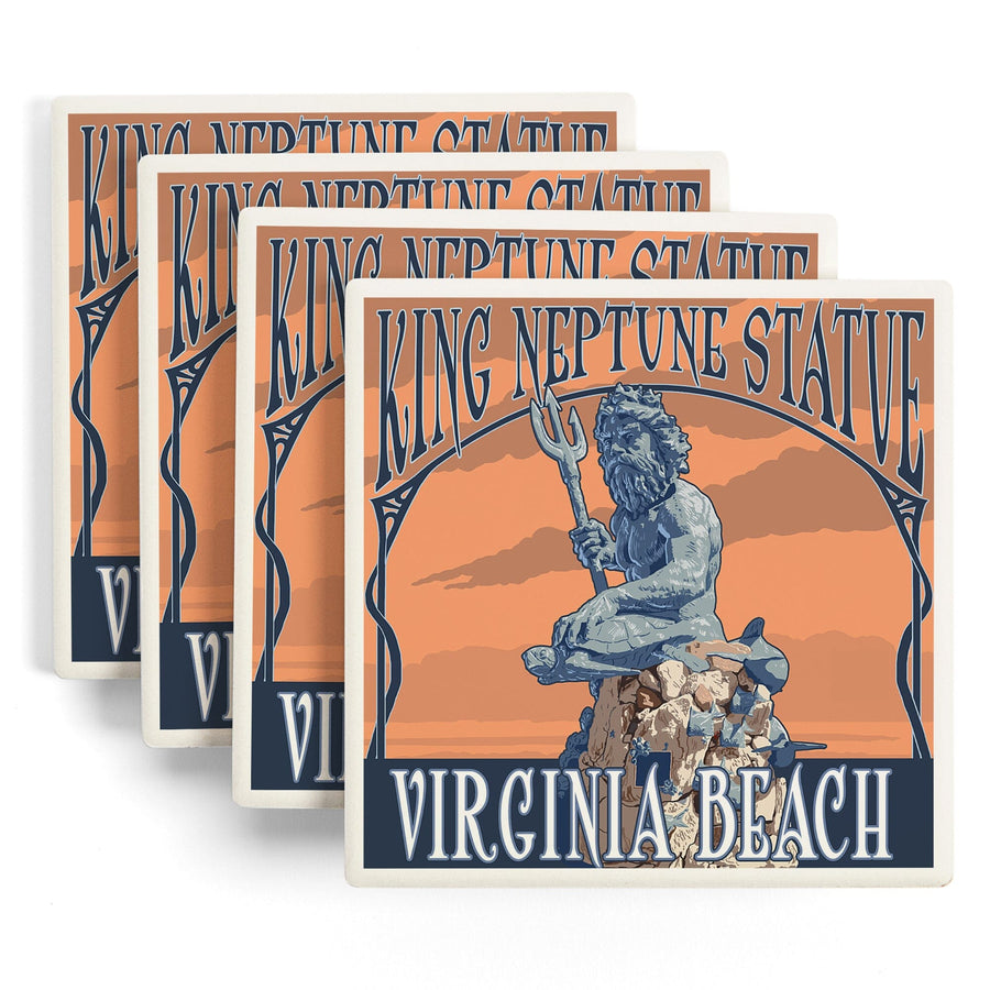 Virginia Beach, Virginia, King Neptune Statue, Lantern Press Artwork, Coaster Set Coasters Lantern Press 