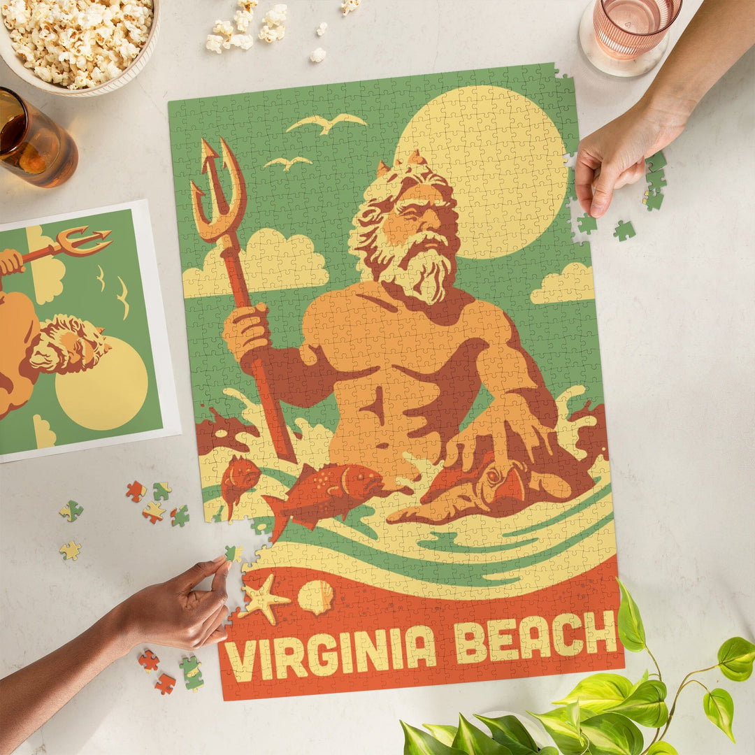 Virginia Beach, Virginia, King Neptune Statue, Retro Beach, Jigsaw Puzzle Puzzle Lantern Press 