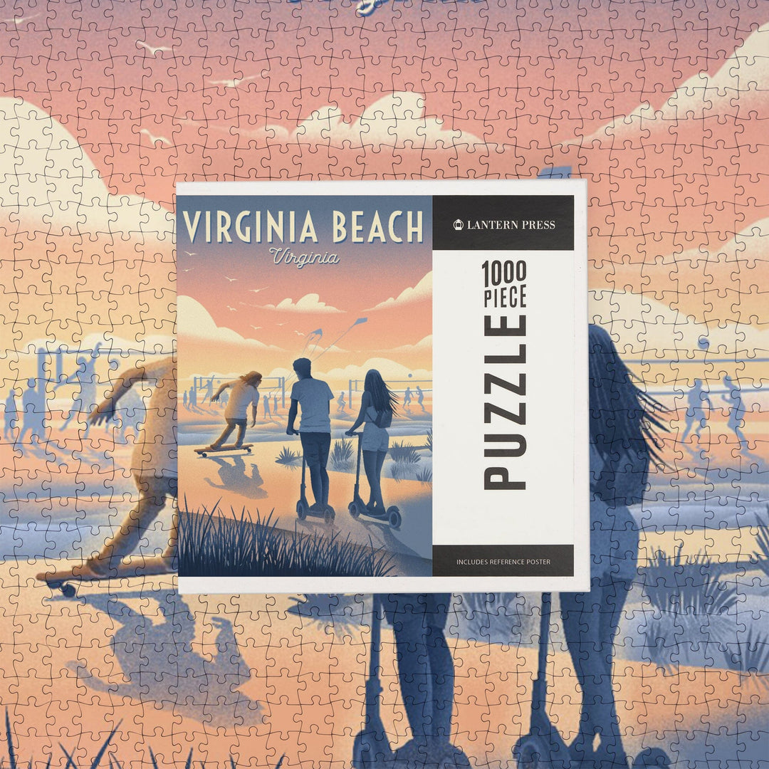 Virginia Beach, Virginia, Lithograph, Enjoy the Ride, Longboards and Scooters, Jigsaw Puzzle Puzzle Lantern Press 