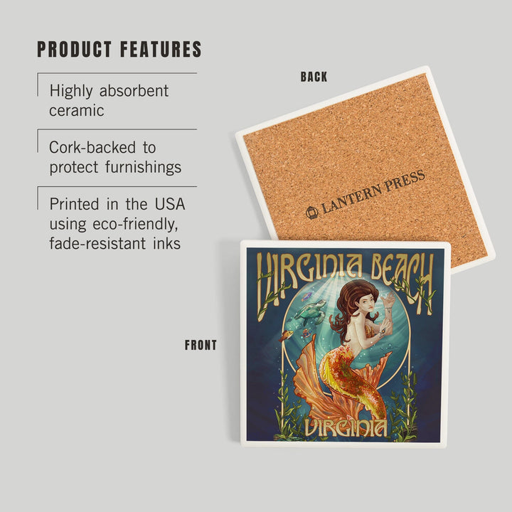 Virginia Beach, Virginia, Mermaid, Coasters Coasters Lantern Press 