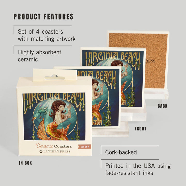 Virginia Beach, Virginia, Mermaid, Coasters Coasters Lantern Press 