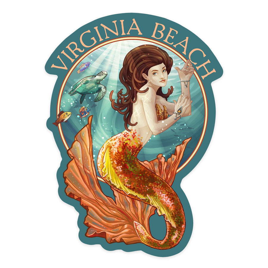 Virginia Beach, Virginia, Mermaid, Contour, Lantern Press Artwork, Vinyl Sticker Sticker Lantern Press 