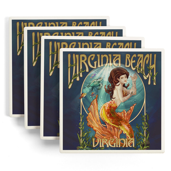 Virginia Beach, Virginia, Mermaid, Lantern Press Artwork, Coaster Set Coasters Lantern Press 