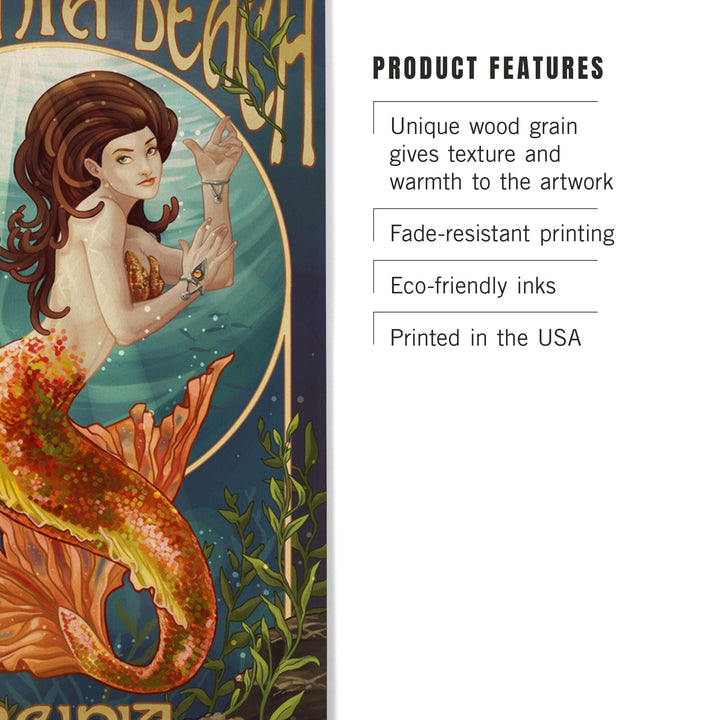 Virginia Beach, Virginia, Mermaid, Lantern Press Artwork, Wood Signs and Postcards Wood Lantern Press 