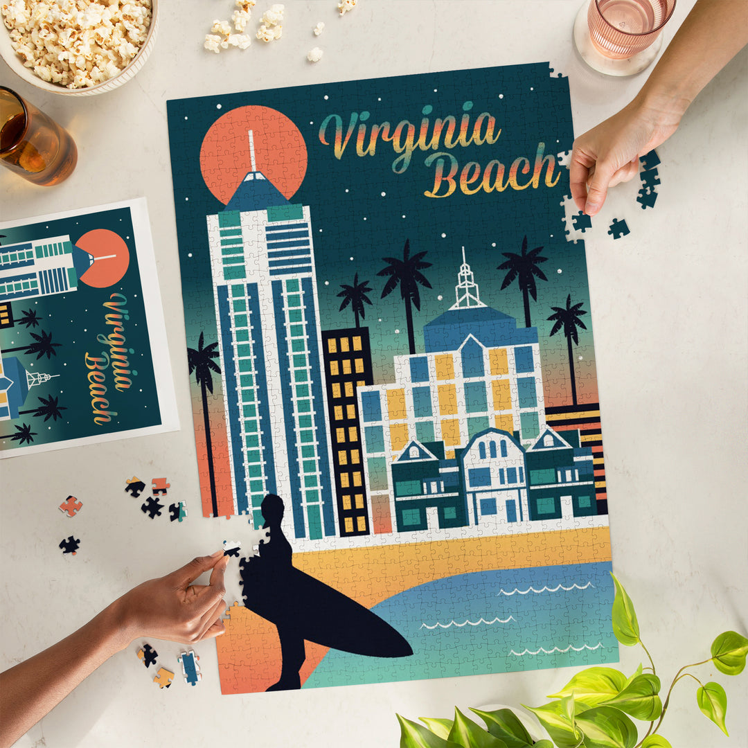 Virginia Beach, Virginia, Retro Skyline Chromatic Series, Jigsaw Puzzle Puzzle Lantern Press 