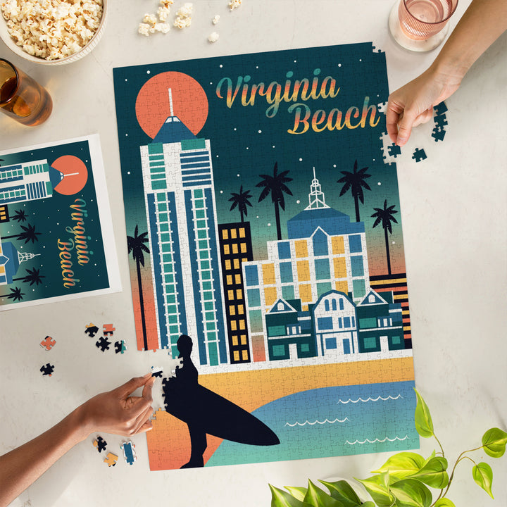 Virginia Beach, Virginia, Retro Skyline Chromatic Series, Jigsaw Puzzle Puzzle Lantern Press 