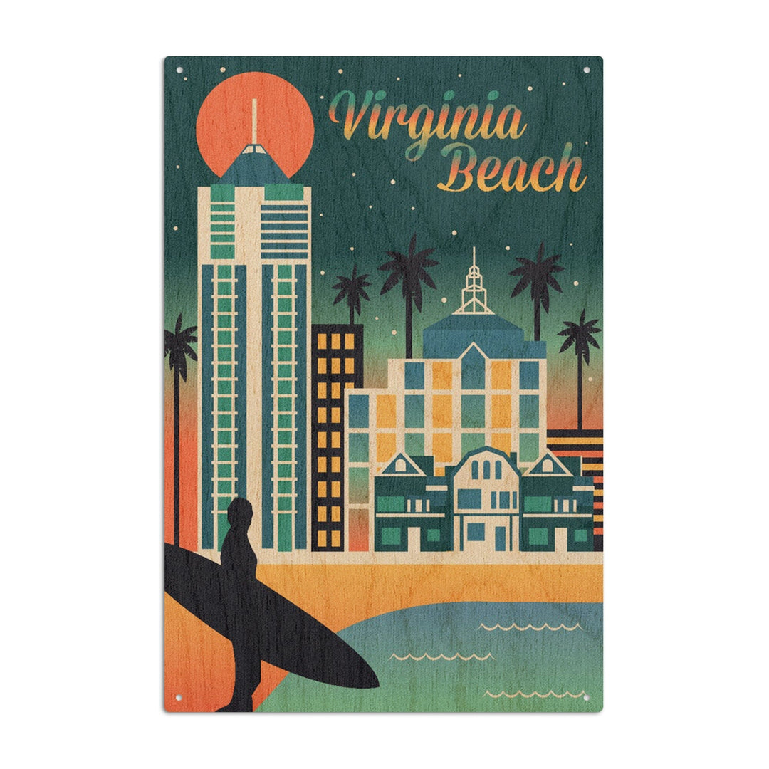 Virginia Beach, Virginia, Retro Skyline Chromatic Series, Lantern Press Artwork, Wood Signs and Postcards Wood Lantern Press 10 x 15 Wood Sign 
