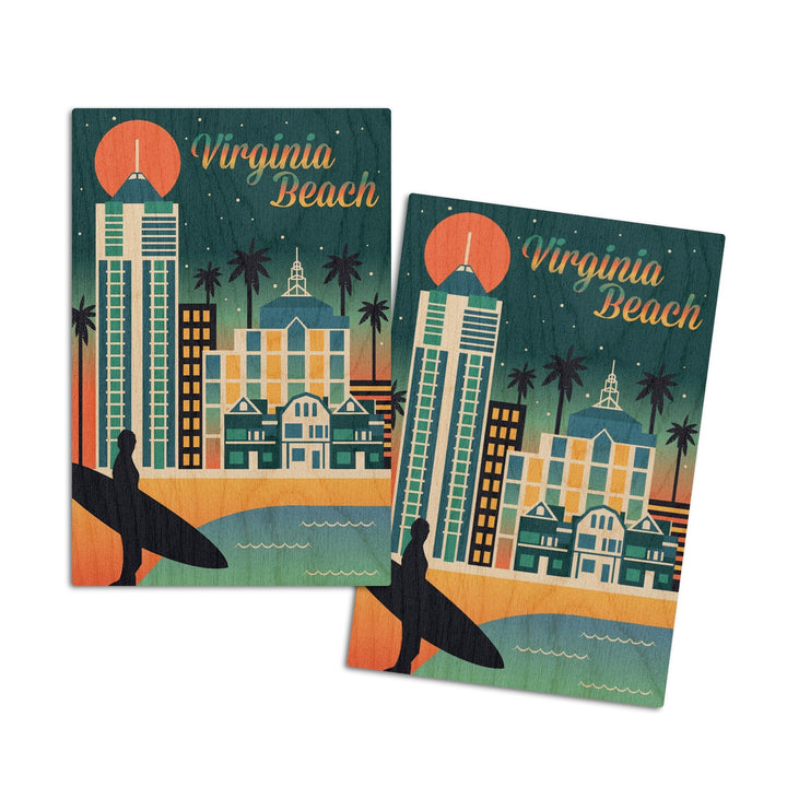 Virginia Beach, Virginia, Retro Skyline Chromatic Series, Lantern Press Artwork, Wood Signs and Postcards Wood Lantern Press 4x6 Wood Postcard Set 