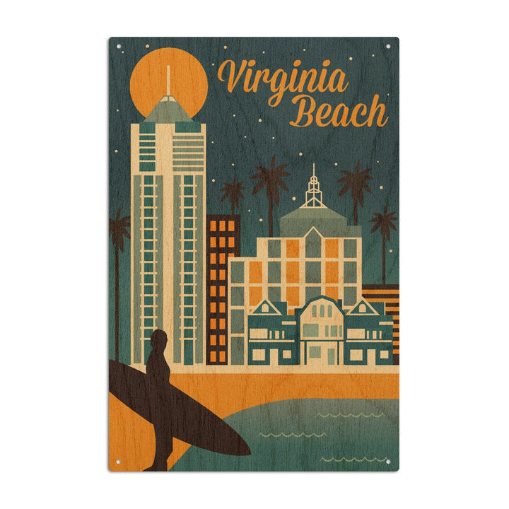 Virginia Beach, Virginia, Retro Skyline Classic Series, Lantern Press Artwork, Wood Signs and Postcards Wood Lantern Press 10 x 15 Wood Sign 