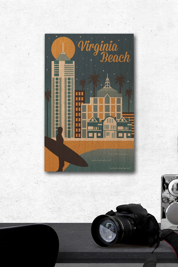 Virginia Beach, Virginia, Retro Skyline Classic Series, Lantern Press Artwork, Wood Signs and Postcards Wood Lantern Press 12 x 18 Wood Gallery Print 