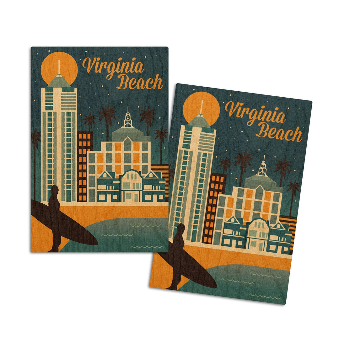 Virginia Beach, Virginia, Retro Skyline Classic Series, Lantern Press Artwork, Wood Signs and Postcards Wood Lantern Press 4x6 Wood Postcard Set 