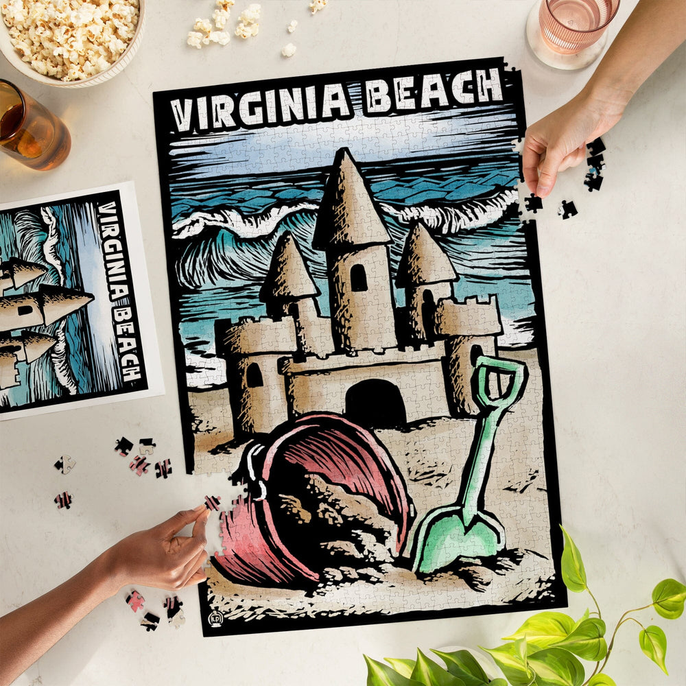 Virginia Beach, Virginia, Sandcastle, Scratchboard, Jigsaw Puzzle Puzzle Lantern Press 
