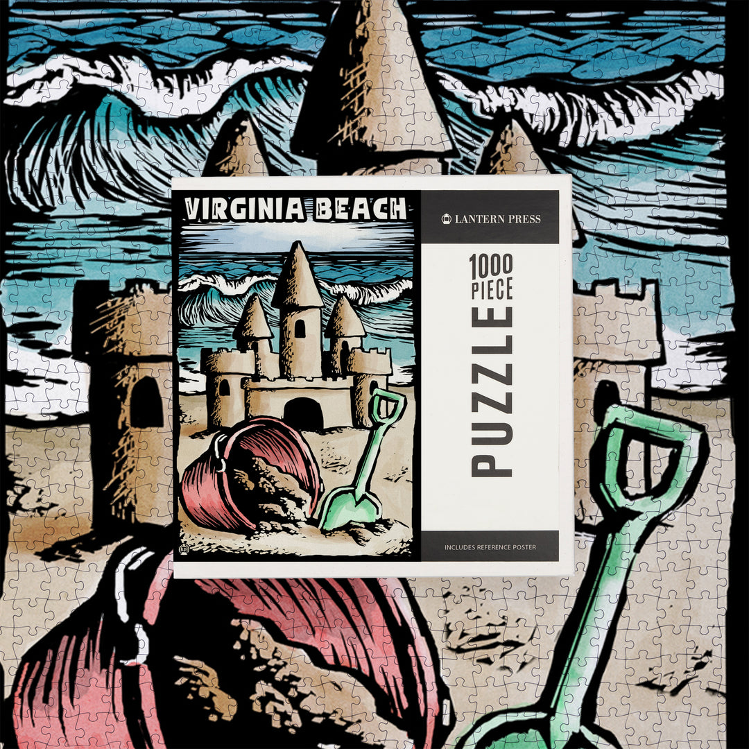 Virginia Beach, Virginia, Sandcastle, Scratchboard, Jigsaw Puzzle Puzzle Lantern Press 