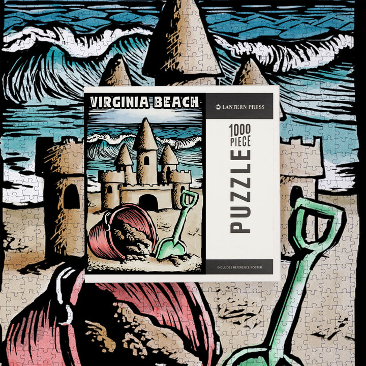 Virginia Beach, Virginia, Sandcastle, Scratchboard, Jigsaw Puzzle Puzzle Lantern Press 