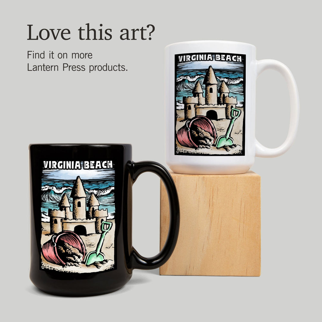 Virginia Beach, Virginia, Sandcastle, Scratchboard, Lantern Press Poster, Ceramic Mug Mugs Lantern Press 