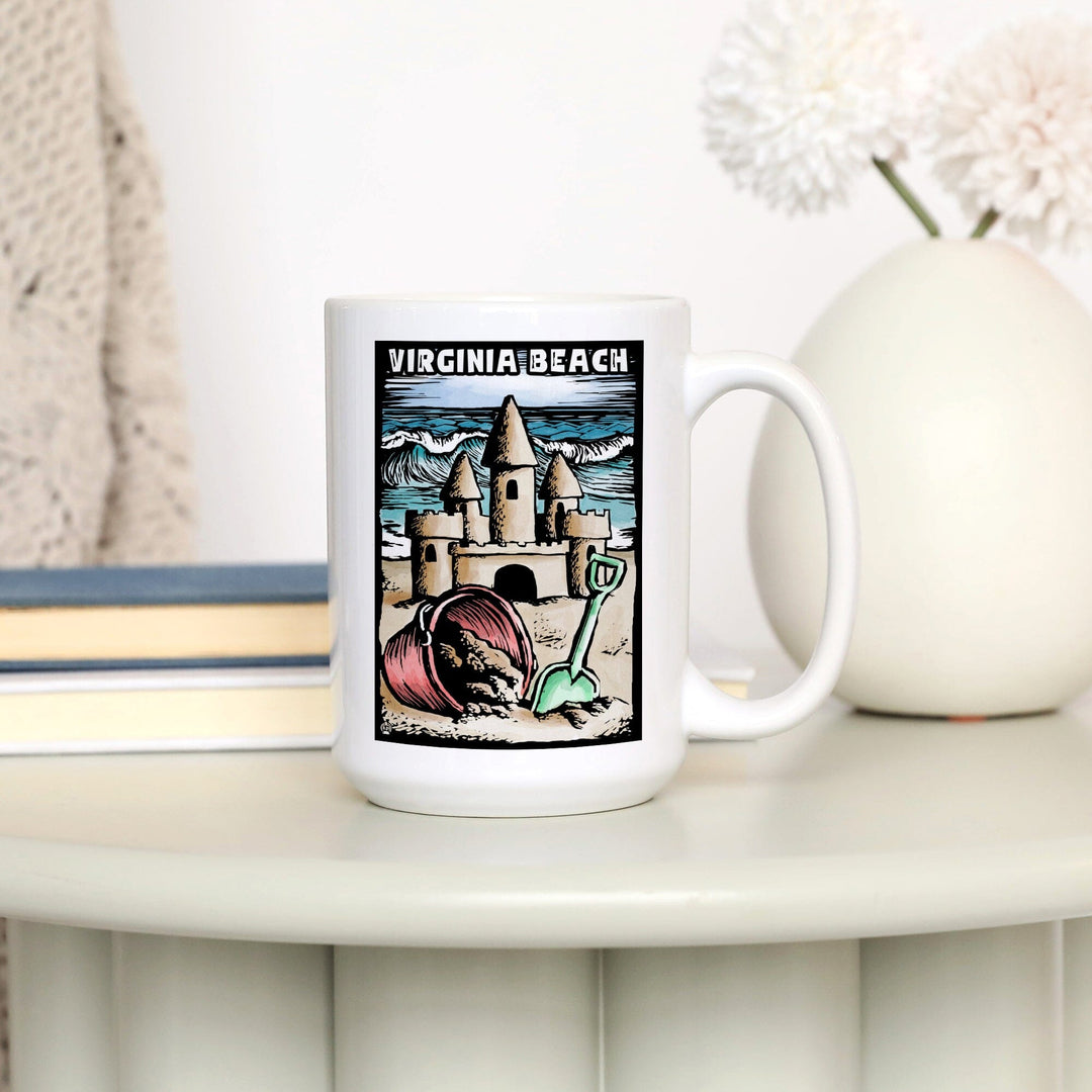 Virginia Beach, Virginia, Sandcastle, Scratchboard, Lantern Press Poster, Ceramic Mug Mugs Lantern Press 