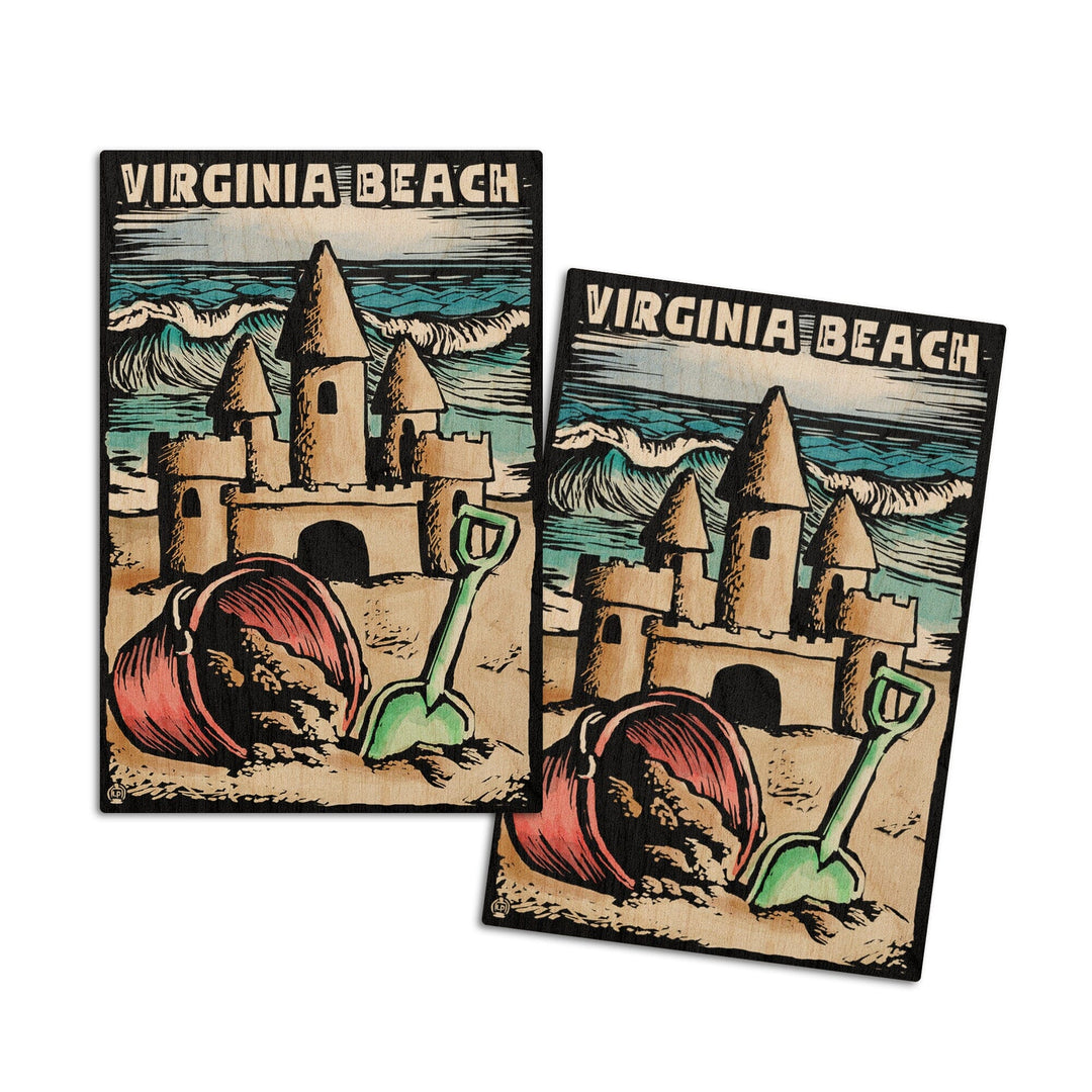 Virginia Beach, Virginia, Sandcastle, Scratchboard, Lantern Press Poster, Wood Signs and Postcards Wood Lantern Press 4x6 Wood Postcard Set 