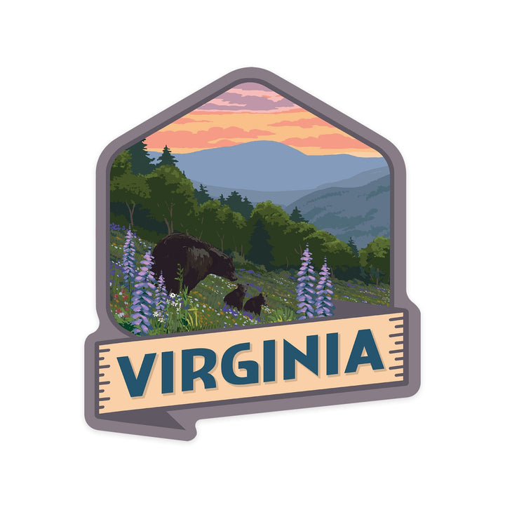 Virginia, Bear and Spring Flowers, Contour, Vinyl Sticker Sticker Lantern Press 