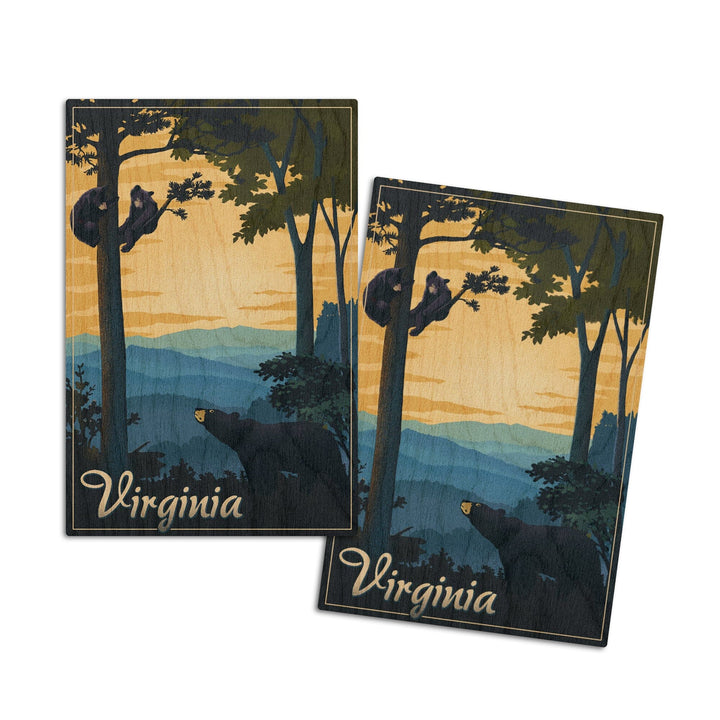 Virginia, Black Bears, Lithograph, Lantern Press Artwork, Wood Signs and Postcards Wood Lantern Press 4x6 Wood Postcard Set 