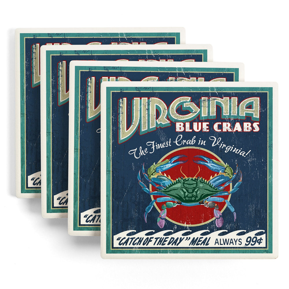 Virginia, Blue Crabs Vintage Sign, Coasters Coasters Lantern Press 