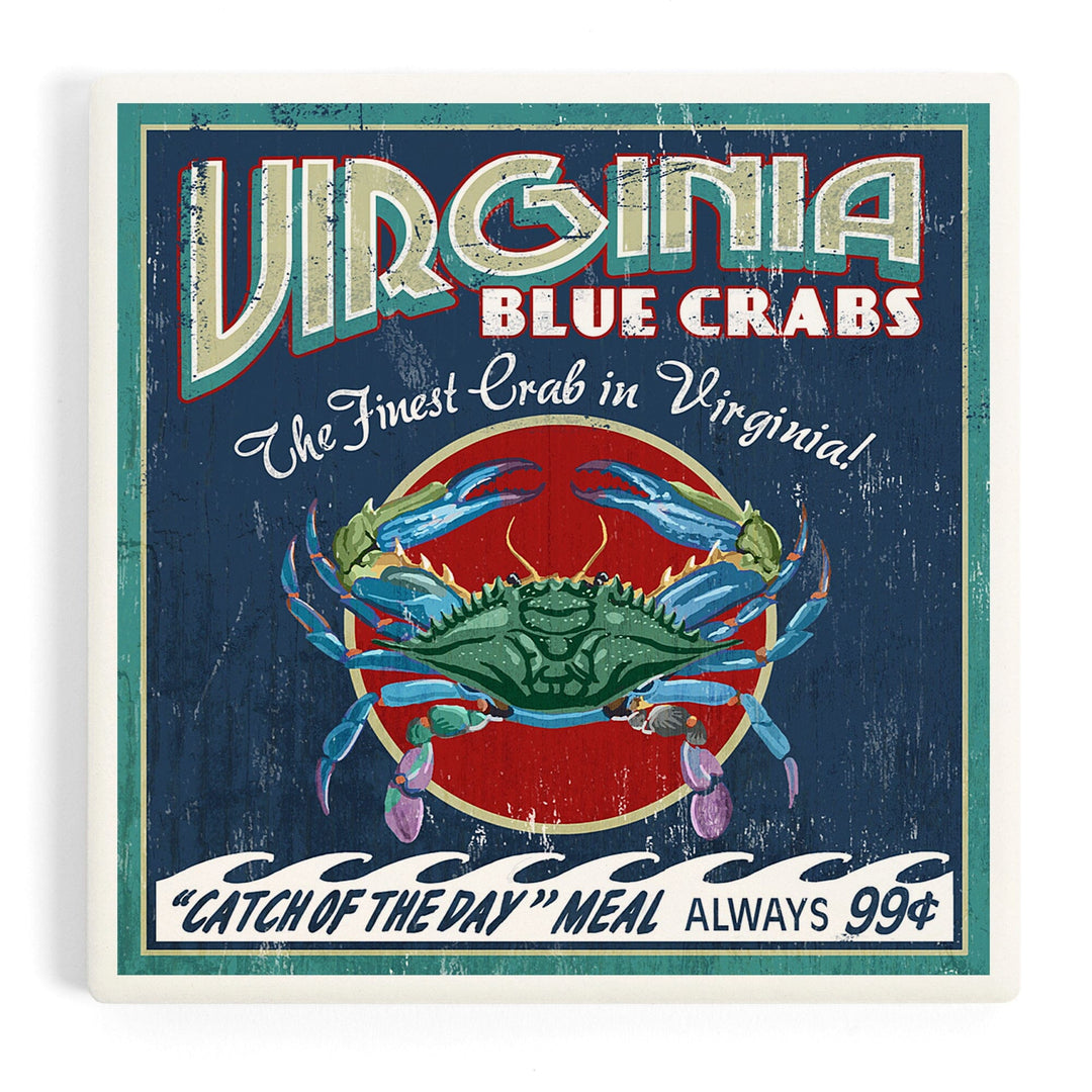 Virginia, Blue Crabs Vintage Sign, Coasters Coasters Lantern Press Coaster 