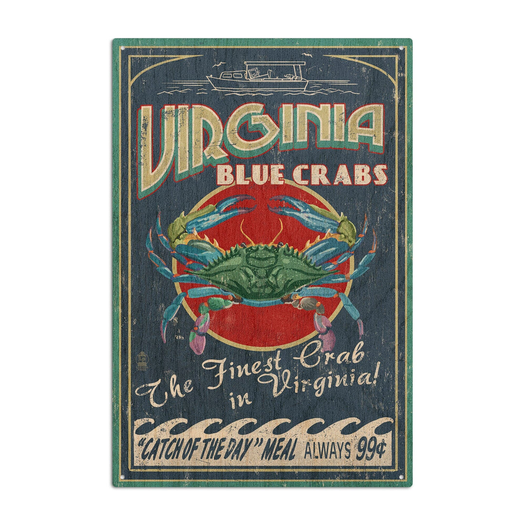 Virginia, Blue Crabs Vintage Sign, Lantern Press Artwork, Wood Signs and Postcards Wood Lantern Press 10 x 15 Wood Sign 