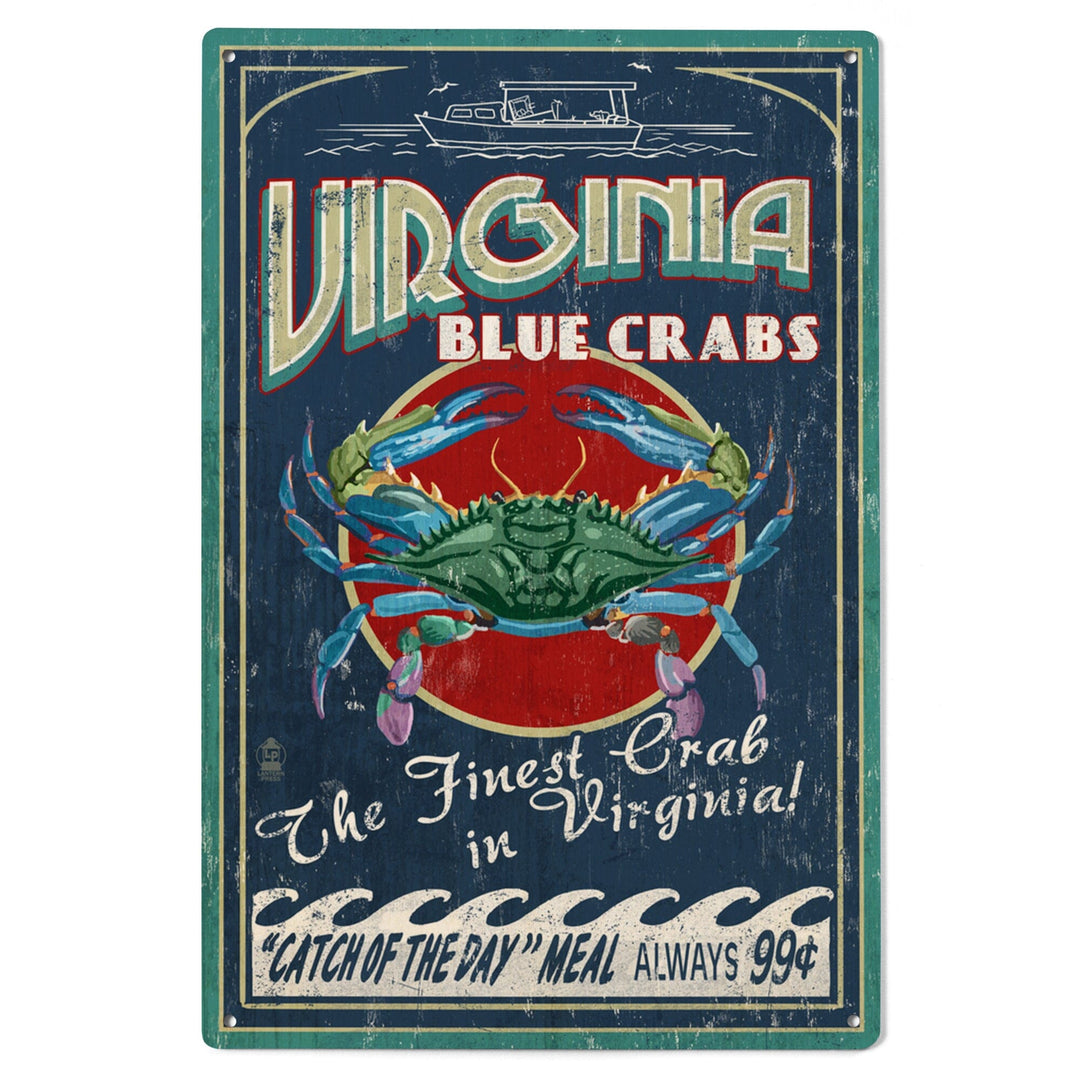 Virginia, Blue Crabs Vintage Sign, Lantern Press Artwork, Wood Signs and Postcards Wood Lantern Press 