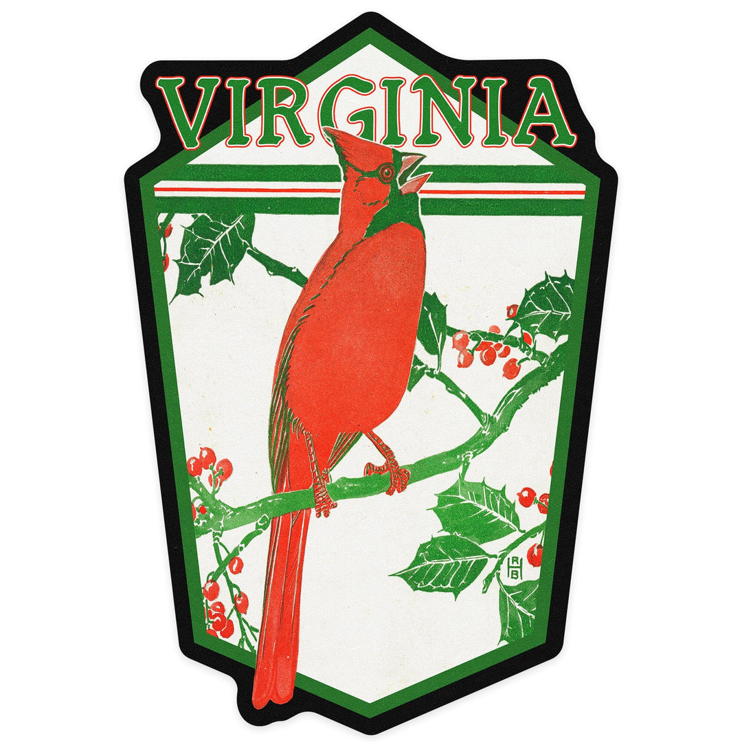 Virginia, Cardinal Perched on a Holly Branch, Contour, Artwork, Vinyl Sticker Sticker Lantern Press 