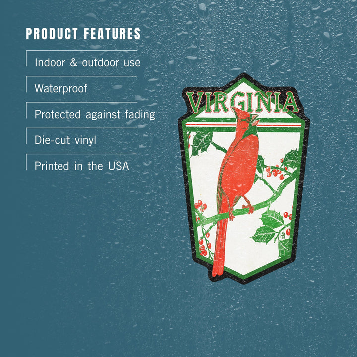 Virginia, Cardinal Perched on a Holly Branch, Contour, Artwork, Vinyl Sticker Sticker Lantern Press 