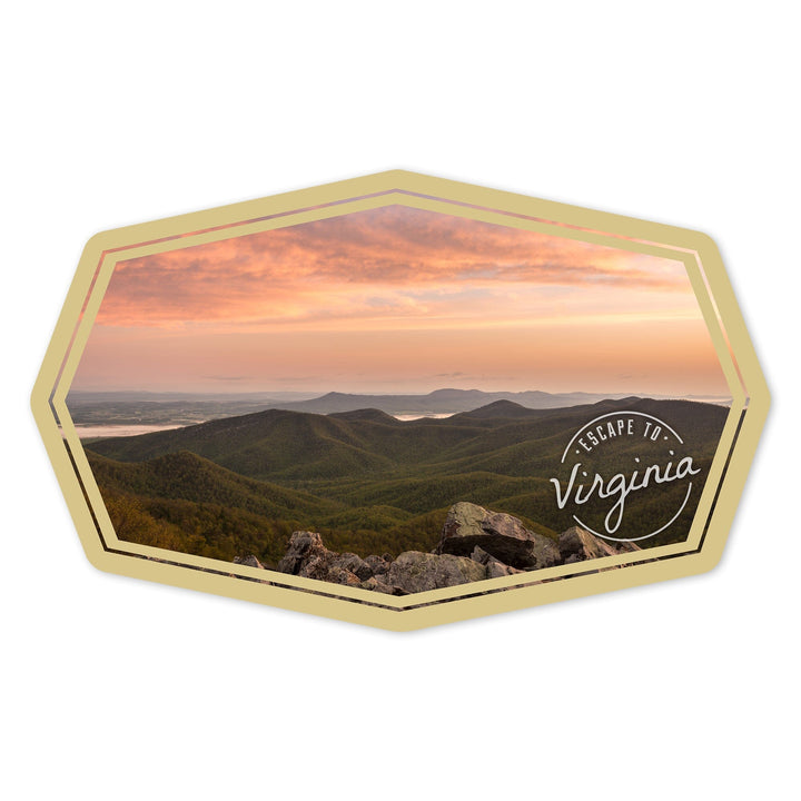 Virginia, Escape To, Pink Sunset and Hills, Contour, Vinyl Sticker Sticker Lantern Press 