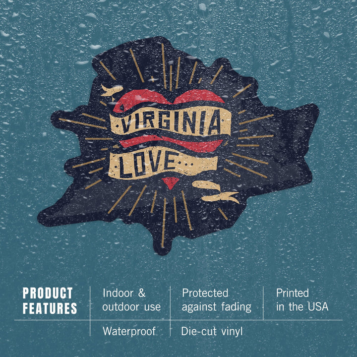 Virginia, Love, Heart and State Outline, Contour, Vinyl Sticker Sticker Lantern Press 