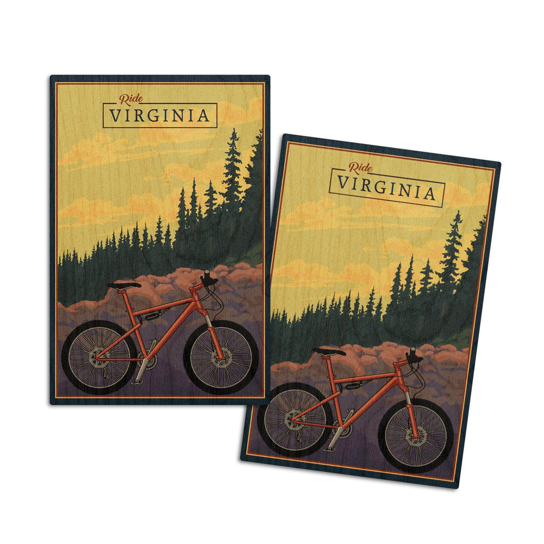 Virginia, Mountain Bike, Ride the Trails, Lantern Press Artwork, Wood Signs and Postcards Wood Lantern Press 4x6 Wood Postcard Set 