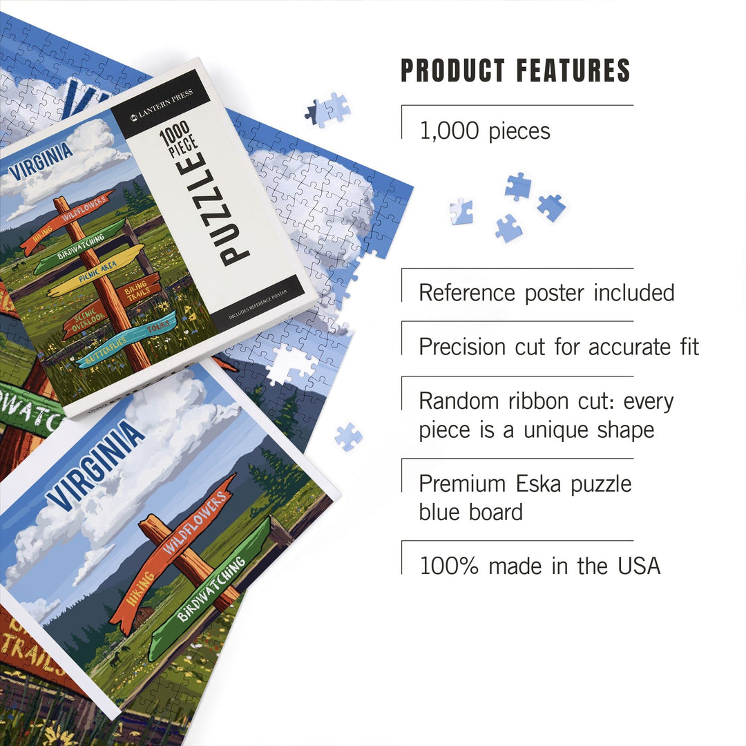 Virginia, Signpost, Meadow, Jigsaw Puzzle Puzzle Lantern Press 