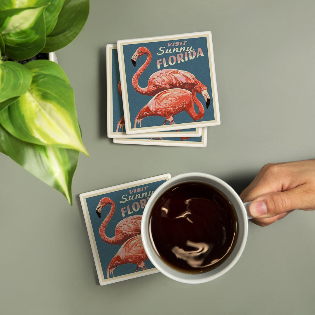 Visit Sunny Florida, Flamingo, Letterpress, Lantern Press Artwork, Coaster Set Coasters Lantern Press 