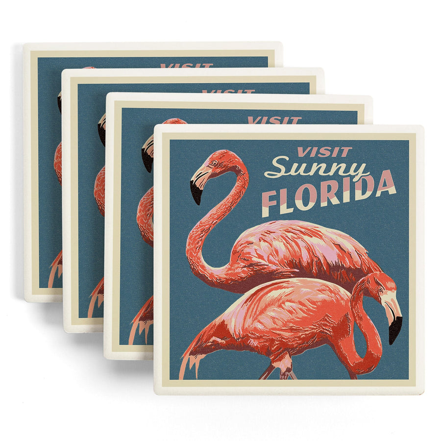 Visit Sunny Florida, Flamingo, Letterpress, Lantern Press Artwork, Coaster Set Coasters Lantern Press 