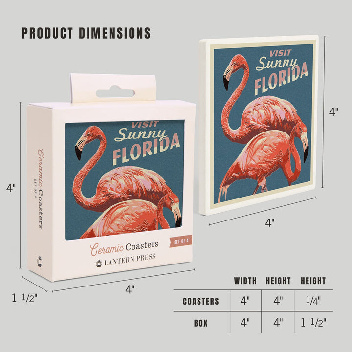 Visit Sunny Florida, Flamingo, Letterpress, Lantern Press Artwork, Coaster Set Coasters Lantern Press 