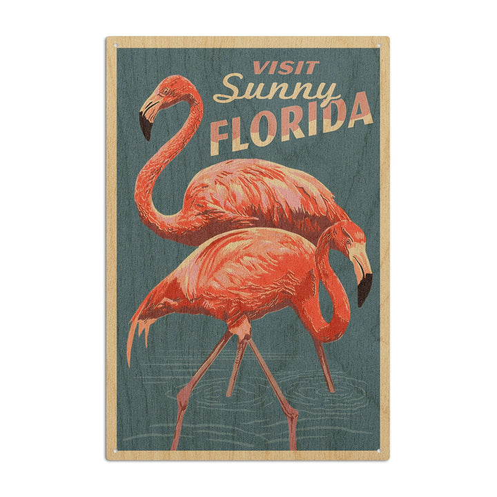 Visit Sunny Florida, Flamingo, Letterpress, Lantern Press Artwork, Wood Signs and Postcards Wood Lantern Press 10 x 15 Wood Sign 