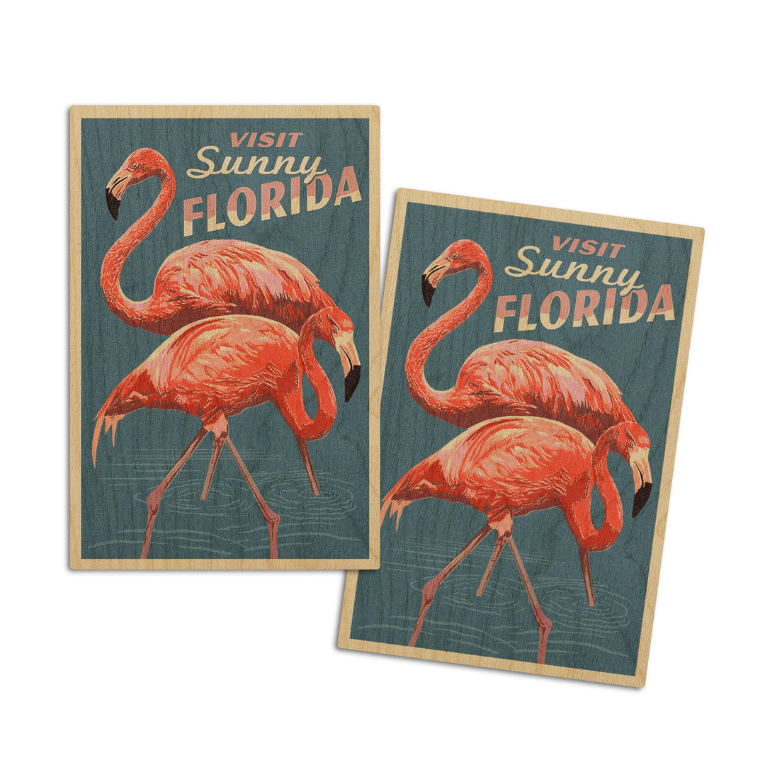 Visit Sunny Florida, Flamingo, Letterpress, Lantern Press Artwork, Wood Signs and Postcards Wood Lantern Press 4x6 Wood Postcard Set 