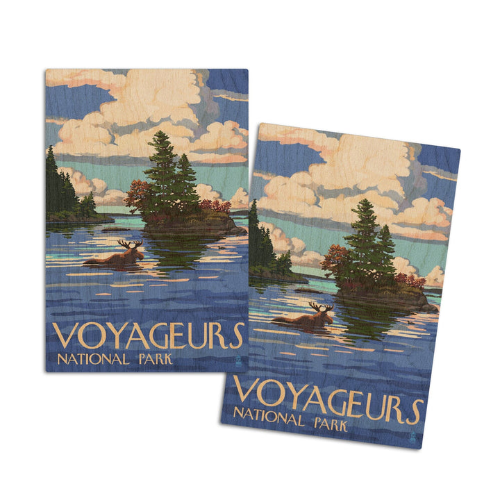 Voyageurs National Park, Minnesota, Moose Swimming, Lantern Press Artwork, Wood Signs and Postcards Wood Lantern Press 4x6 Wood Postcard Set 