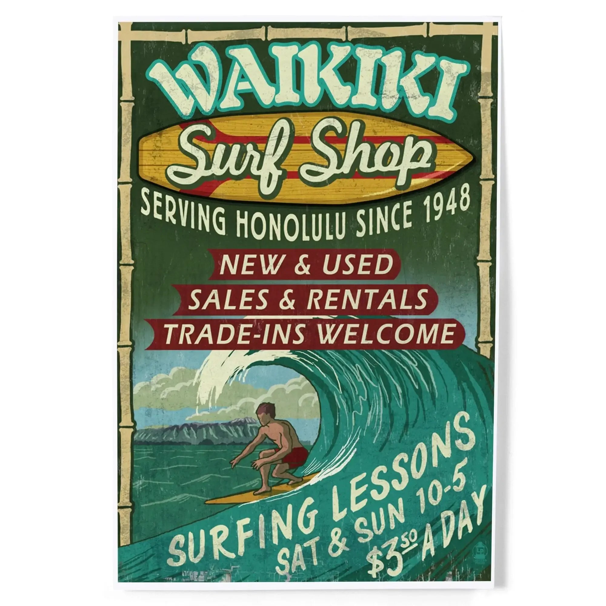 Waikiki Beach, Hawaii, Surf Shop Vintage Sign art prints, metal signs ...