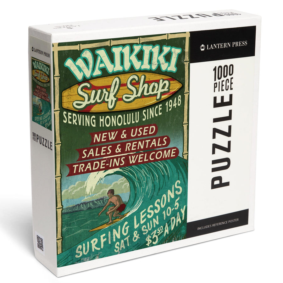 Waikiki Beach, Hawaii, Surf Shop Vintage Sign, Jigsaw Puzzle Puzzle Lantern Press 