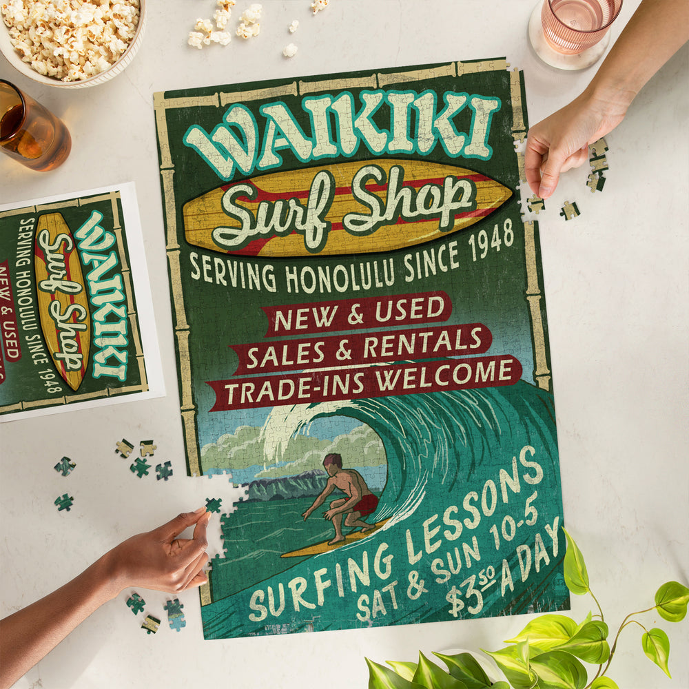 Waikiki Beach, Hawaii, Surf Shop Vintage Sign, Jigsaw Puzzle Puzzle Lantern Press 