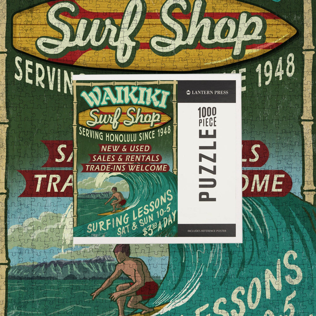 Waikiki Beach, Hawaii, Surf Shop Vintage Sign, Jigsaw Puzzle Puzzle Lantern Press 