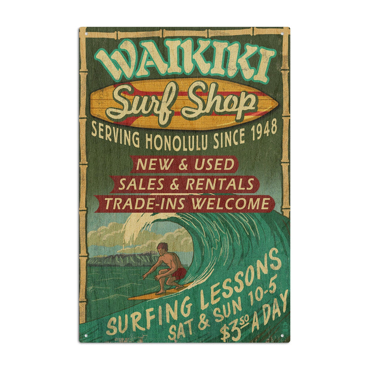 Waikiki Beach, Hawaii, Surf Shop Vintage Sign, Lantern Press Artwork, Wood Signs and Postcards Wood Lantern Press 10 x 15 Wood Sign 