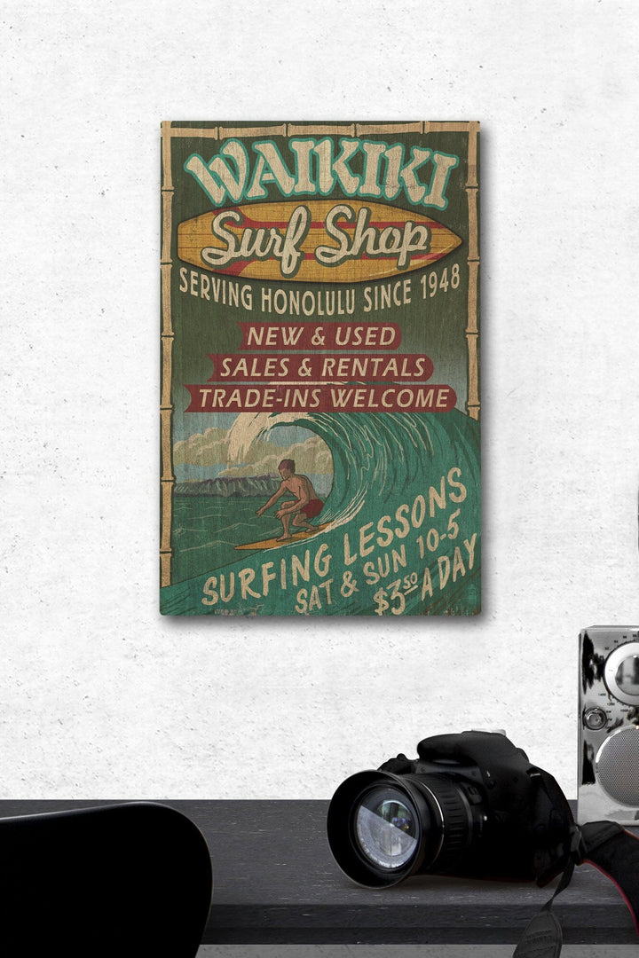 Waikiki Beach, Hawaii, Surf Shop Vintage Sign, Lantern Press Artwork, Wood Signs and Postcards Wood Lantern Press 12 x 18 Wood Gallery Print 